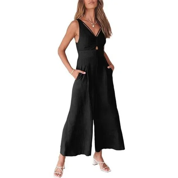 Women's Summer Wide Leg Linen Jumpsuit V Neck Sleeveless Casual Pants Romper